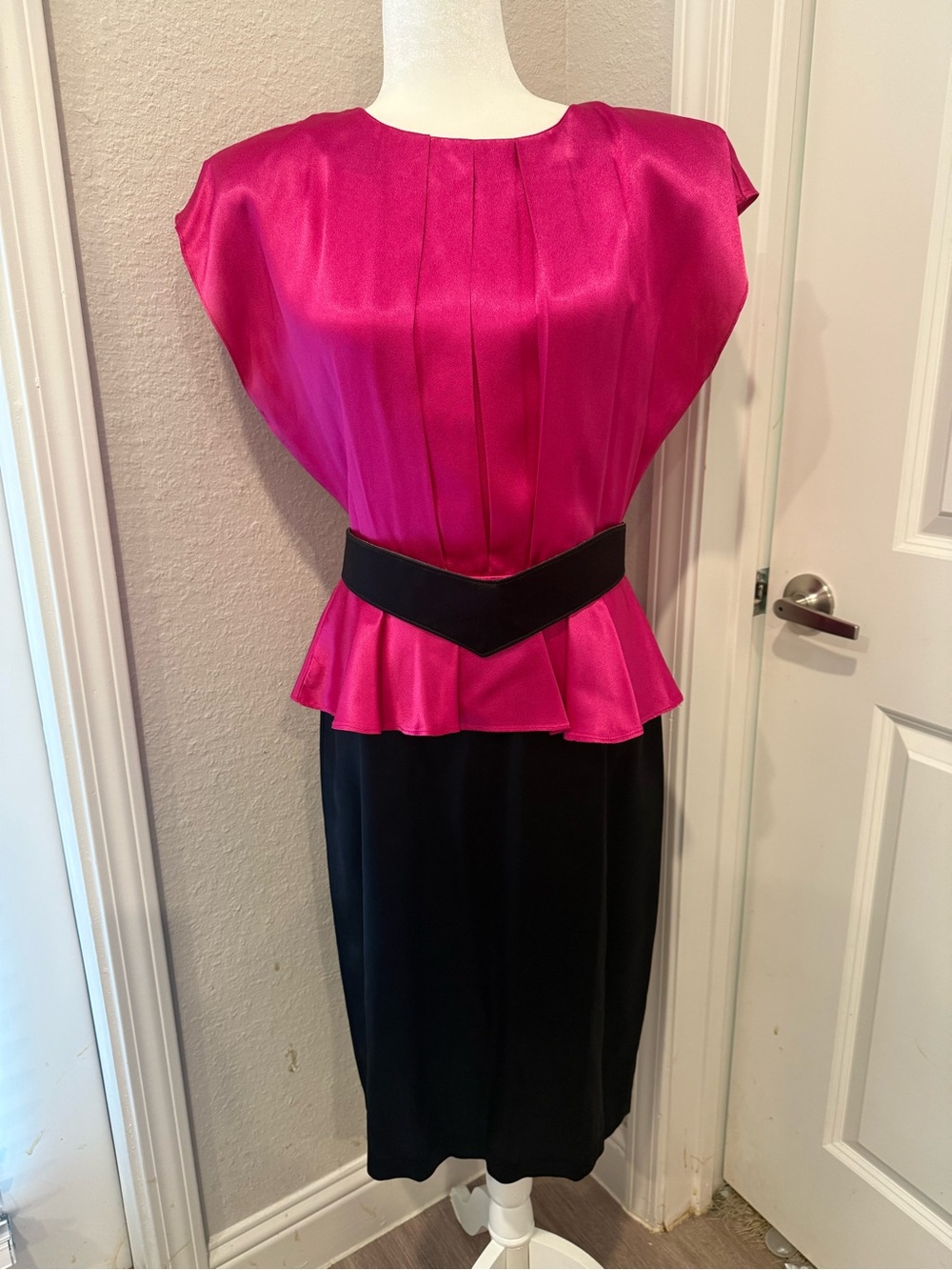 All That Jazz Hot Pink Satin Peplum Top with Black Waistband